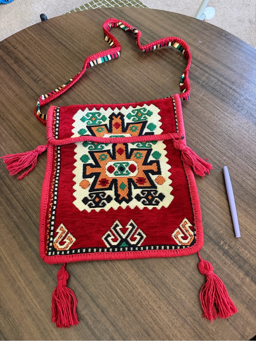 Bohemian Red Woven Crossbody Bag with Tassel Accents
